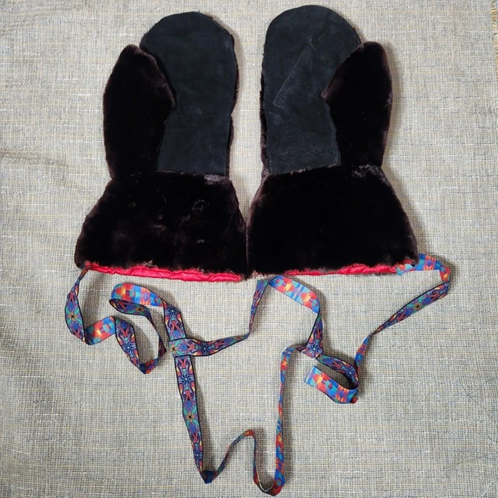 Real Natural Mink Fur Leather Mittens Real Warm Winter Gloves Brown